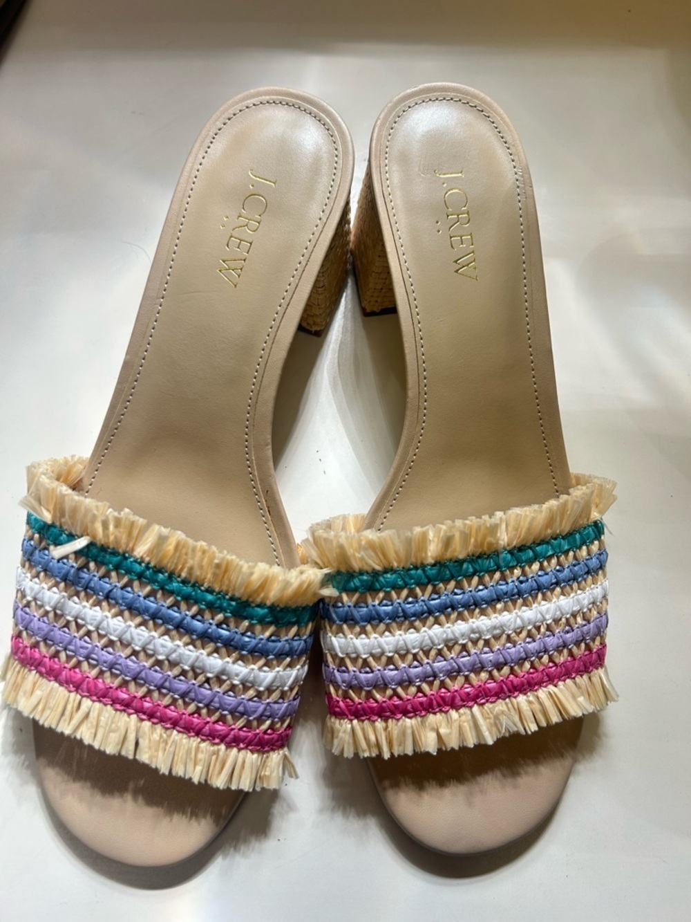 J. Crew Beige Raffia-Trim Slide Mules with Multicolor Braided Stripes